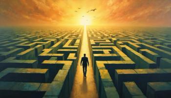 Oil painting of maze with figure finding way through. Perseverance, problem-solving. Birds fly above labyrinth at sunset. Concept of challenges, resilience, journey, overcoming obstacles in business | Image Credit © Vadym - stock.adobe.com