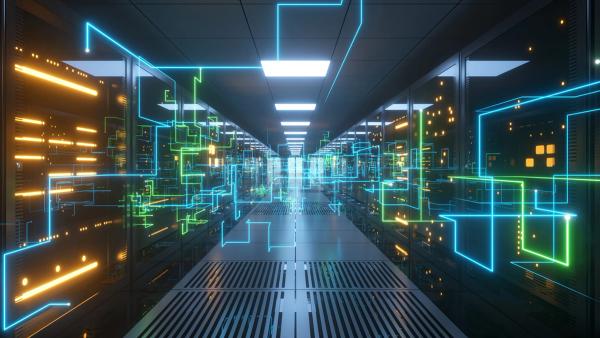 Digital information travels through fiber optic cables through the network and data servers behind glass panels in the server room of the data center. High speed digital lines 3d illustration | Image Credit: © flashmovie - stock.adobe.com