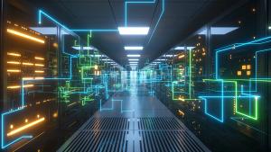 Digital information travels through fiber optic cables through the network and data servers behind glass panels in the server room of the data center. High speed digital lines 3d illustration | Image Credit: © flashmovie - stock.adobe.com