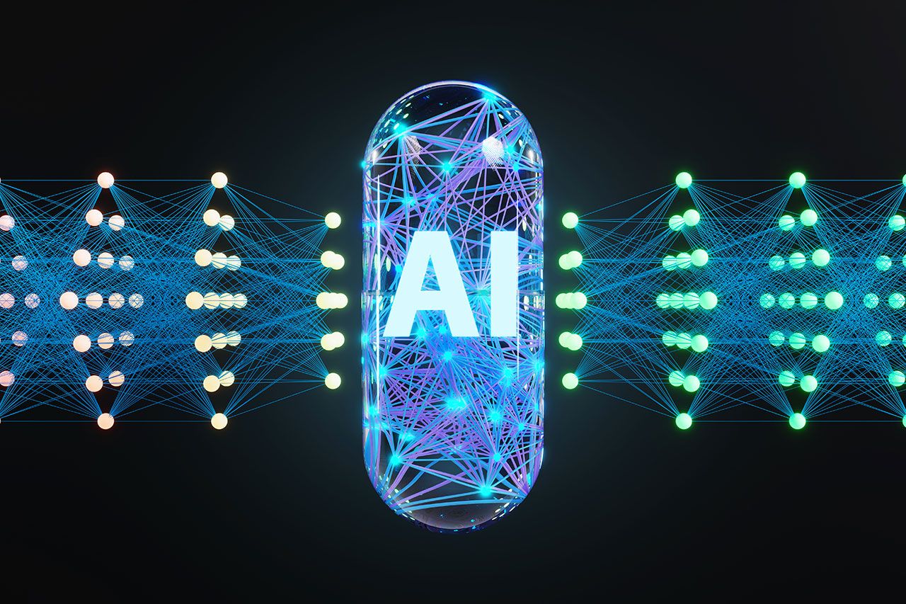 Glowing neural network inside a transparent antibiotic capsule surrounded by a large language model on a black background. Illustration of the concept of AI assistance in pharmacy and drug discovery | Image Credit: ©Dragon Claws -stock.adobe.com