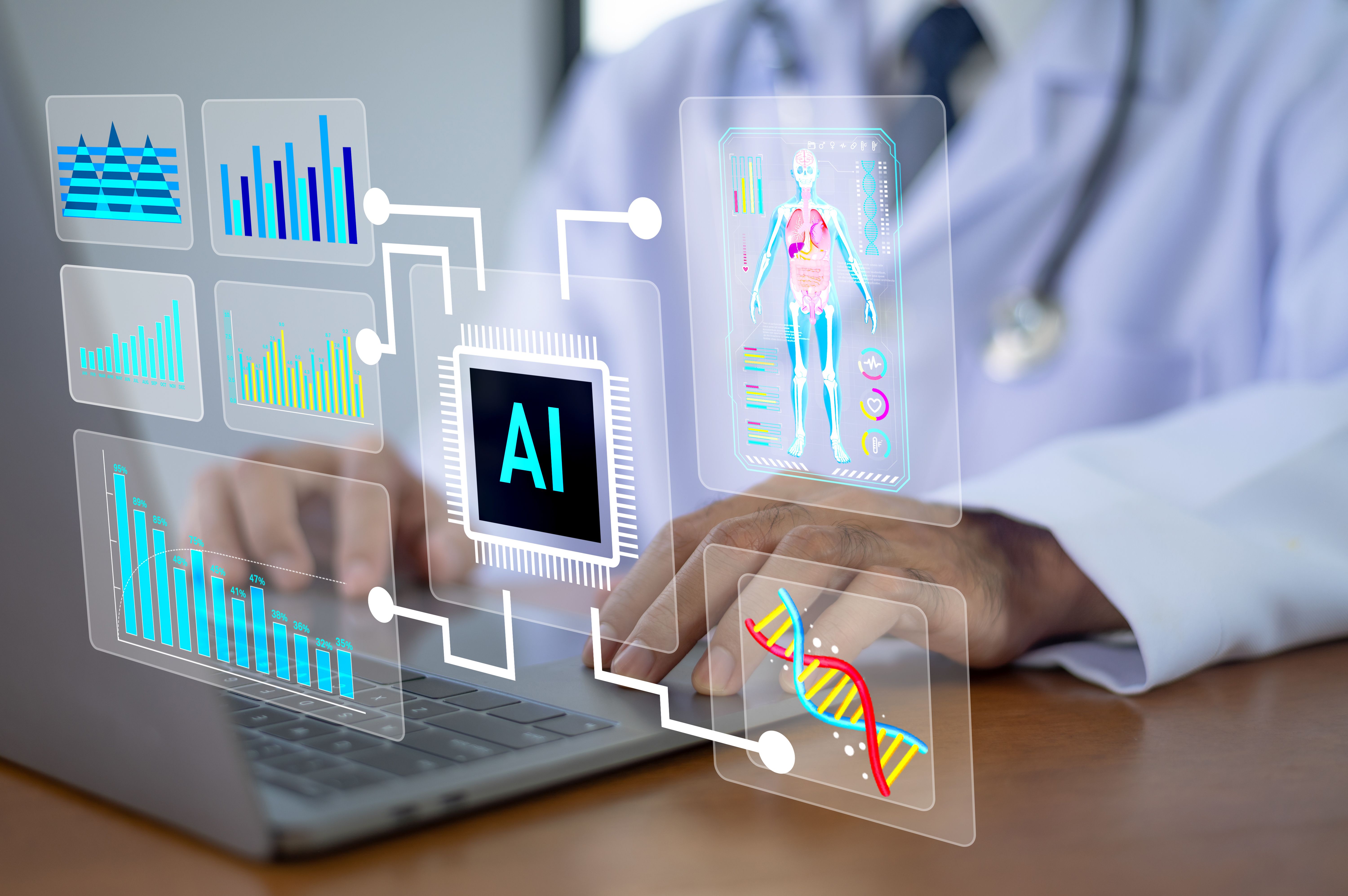 Doctor technology AI integrates big data analytics with clinical research, enabling precise treatment plans tailored to individual patient needs and genetic profiles. | Image Credit: © Suriyo - stock.adobe.com