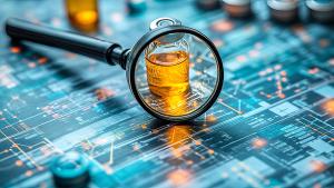 A magnifying glass examining a vintage vaccine vial surrounded by four minimalistic chart icons, symbolizing healthcare, medicine, and analytics in the context of global health monitoring. | Image source: ©huiying - stock.adobe.com