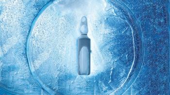 glass frozen ampoule with a virus vaccine on the texture of cold ice top view, background with backlight on the theme of pharmaceutical drugs from viral diseases.| ©Александр Беспалый - stock.adobe.com