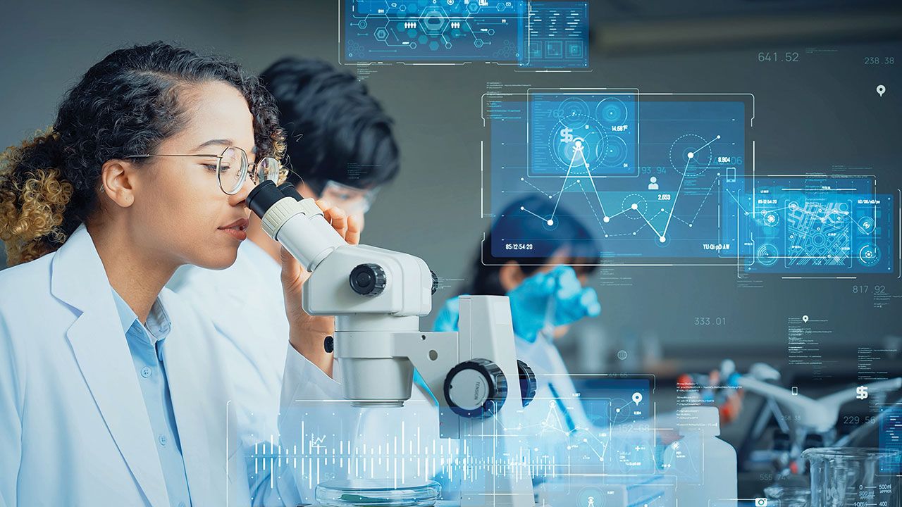 research, doctor, microscope, experiment, dx, digital transformation, data, analysis, science, researcher, graph, chart, pharmaceutical, pharmacy, medicine, information, development, research institute | Image Credit: ©metamorworks - stock.adobe.com