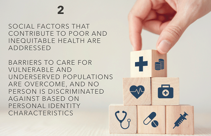 Social factors that contribute to poor and inequitable health are addressed. Bar