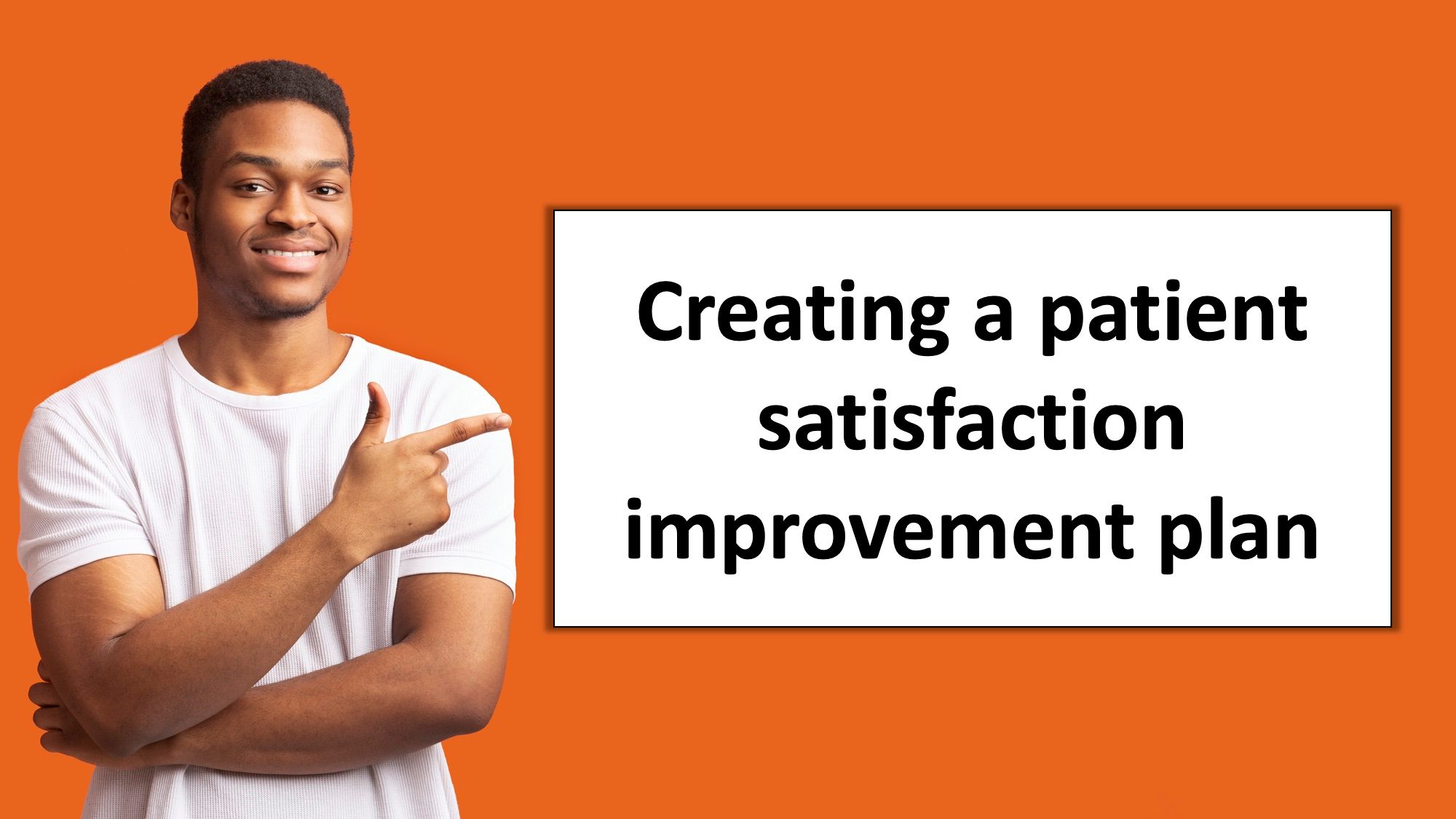 happy man pointing orange background