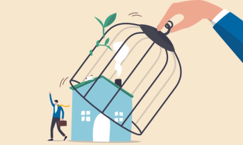 cage lifted off of house worker walking