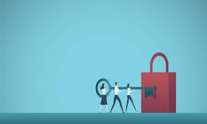 businesspeople unlocking lock