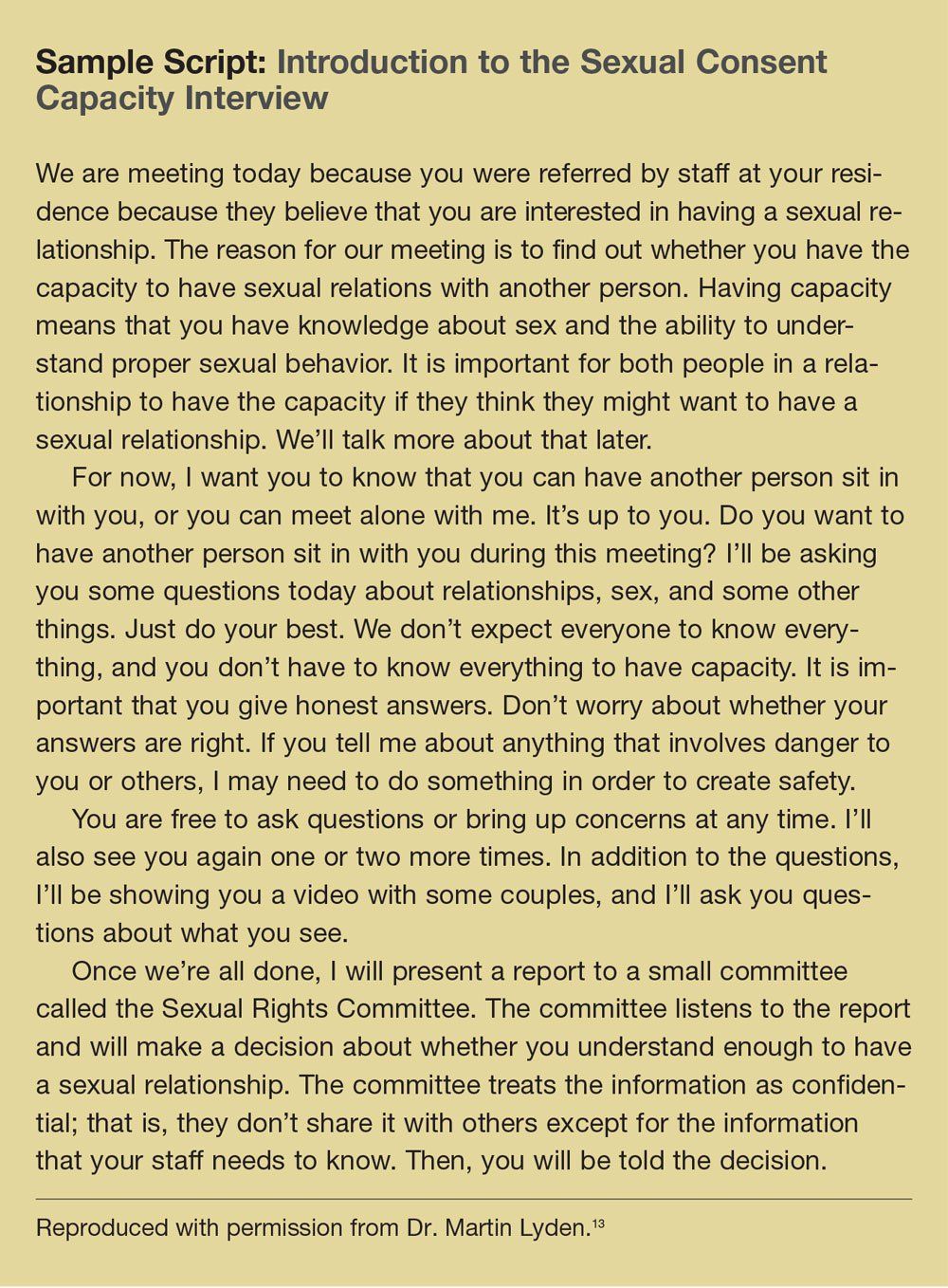 Discussing and Assessing Capacity for Sexual Consent Discussing and Assessing Capacity for Sexual Consent