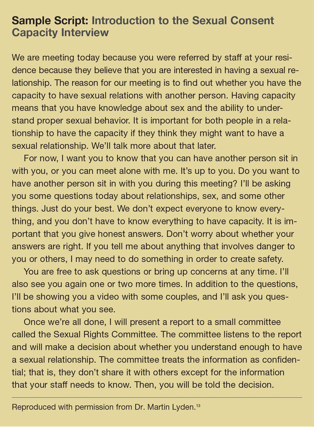 Sample Script: Introduction to the Sexual Consent Capacity Interview
