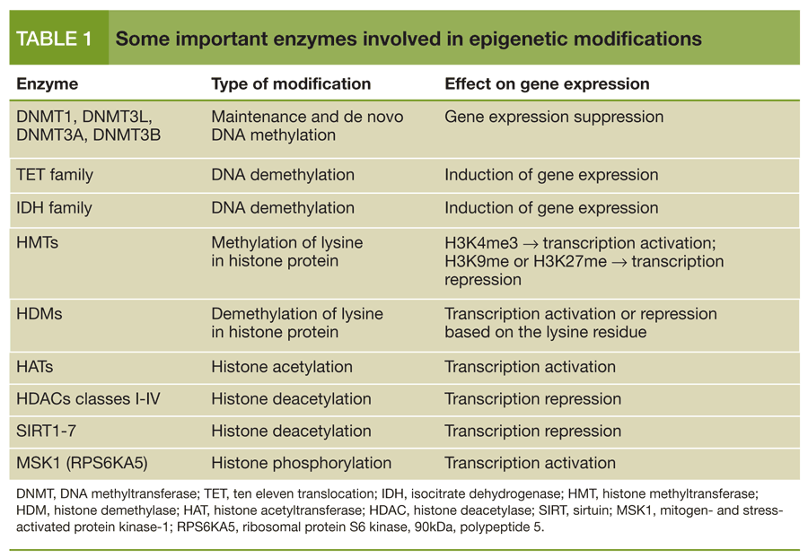 Table 1: Some important enzymes involved in epigenetic modifications