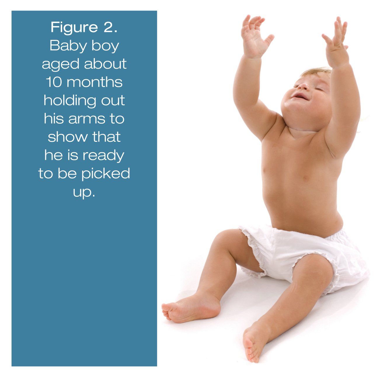 Baby boy aged about 10 months holding out his arms to show that he is ready to be picked up.