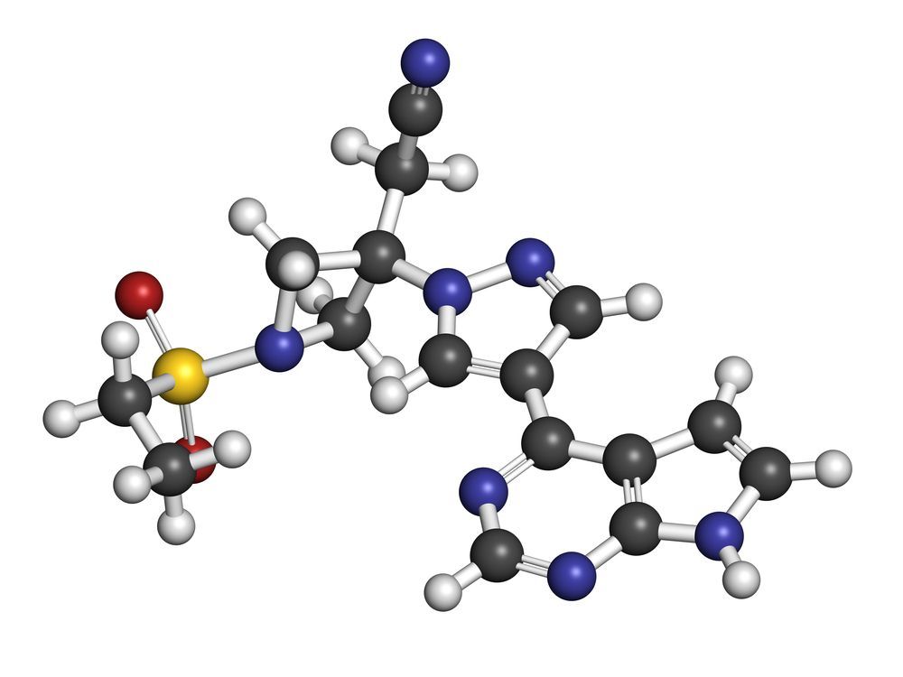 Baricitinib janus kinase (JAK1 & JAK2) inhibitor drug molecule. (Molekuul_beShut
