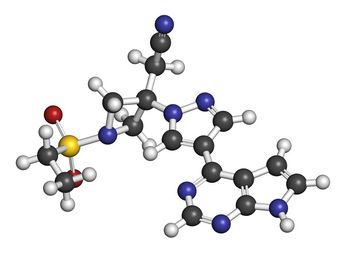 Baricitinib janus kinase (JAK1 & JAK2) inhibitor drug molecule. (Molekuul_beShut