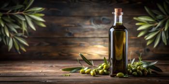 Dark glass bottle of extra virgin olive oil on wooden table, Cooking Essentials. Generated by AI. | Image Credit: © Nasnunt - stock.adobe.com