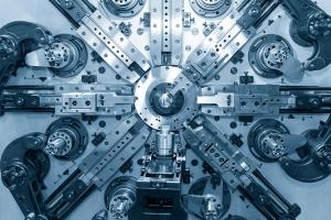 Automatic wire bending machine with the sample part in light-blue scene