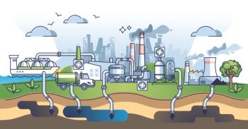 Carbon capture process and CO2 gas underground storage outline diagram. Pumping dioxide polluted air in soil pipeline as green, sustainable and environmental friendly solution vector illustration. | Image Credit: © VectorMine - stock.adobe.com