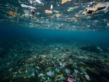 Underwater view of ocean floor heavily polluted with floating and settled plastic debris. Visualization of microplastics. | Image Credit: © lamia - stock.adobe.com