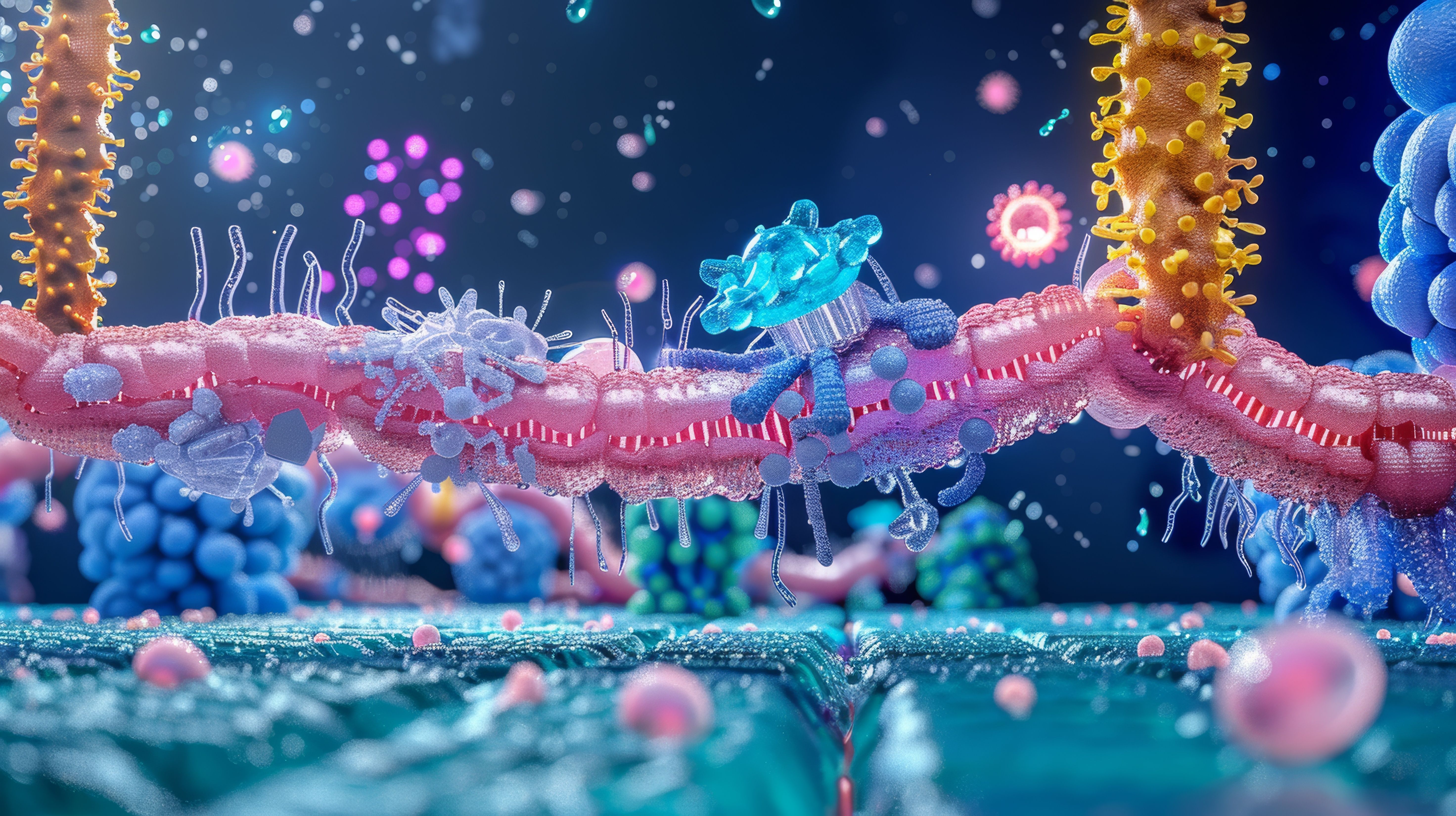 3D illustration of a cell membrane with various proteins and molecules, including a receptor protein, a transmembrane protein, and a lipid molecule, all rendered in vibrant colors and intricate detail. Generated with AI. | Image Credit: © Ponchita - stock.adobe.com