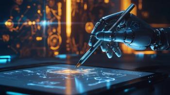 A robotic hand is holding a pen and writing on a tablet. Generated by AI. | Image Credit: © Atthapon - stock.adobe.com.| Image Credit: 