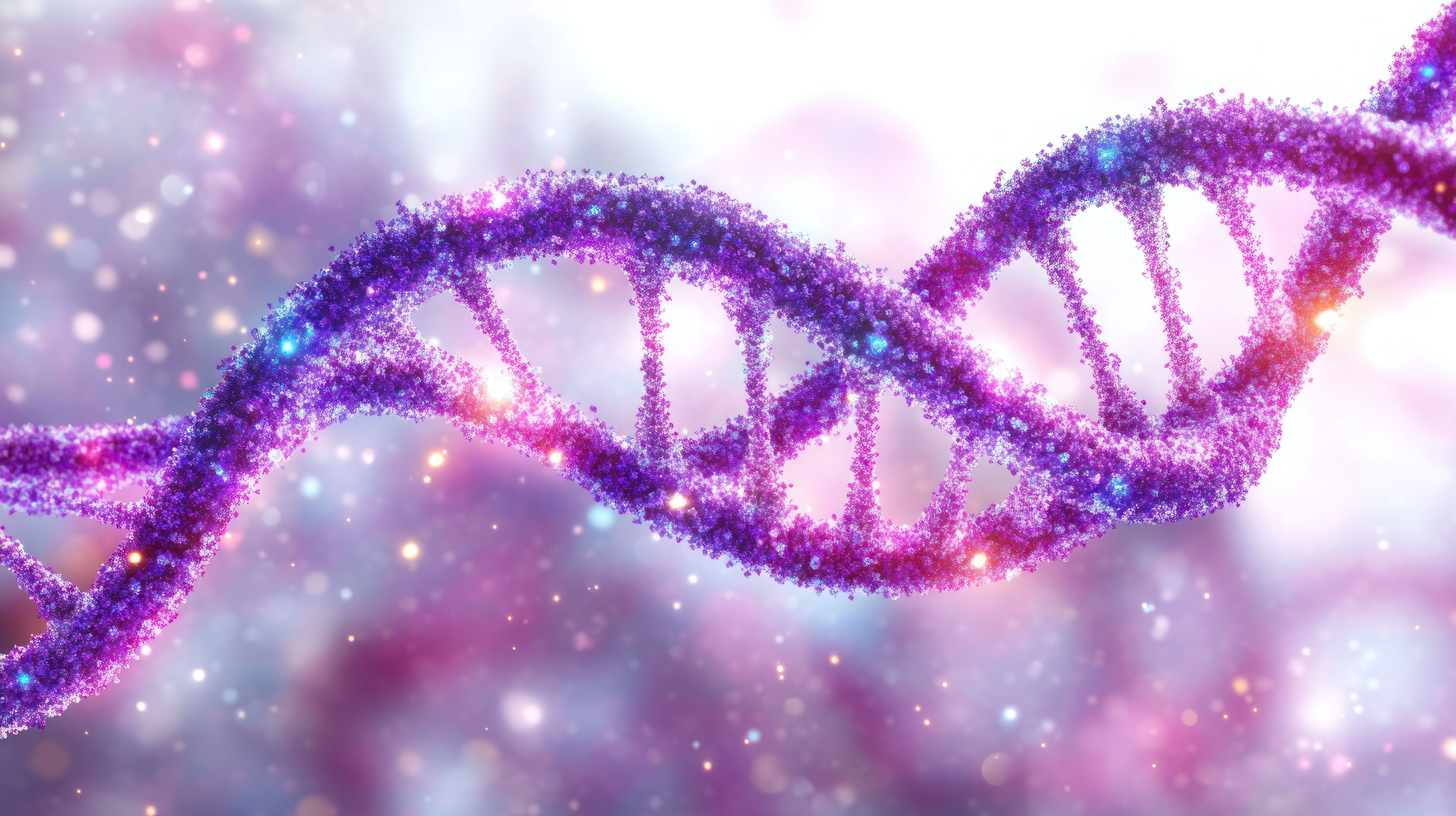Close-up view of two intertwined dna double helixes composed of glowing purple particles with bright light effects on a soft blurred background. Generated with AI. | Image Credit: © btiger - stock.adobe.com 