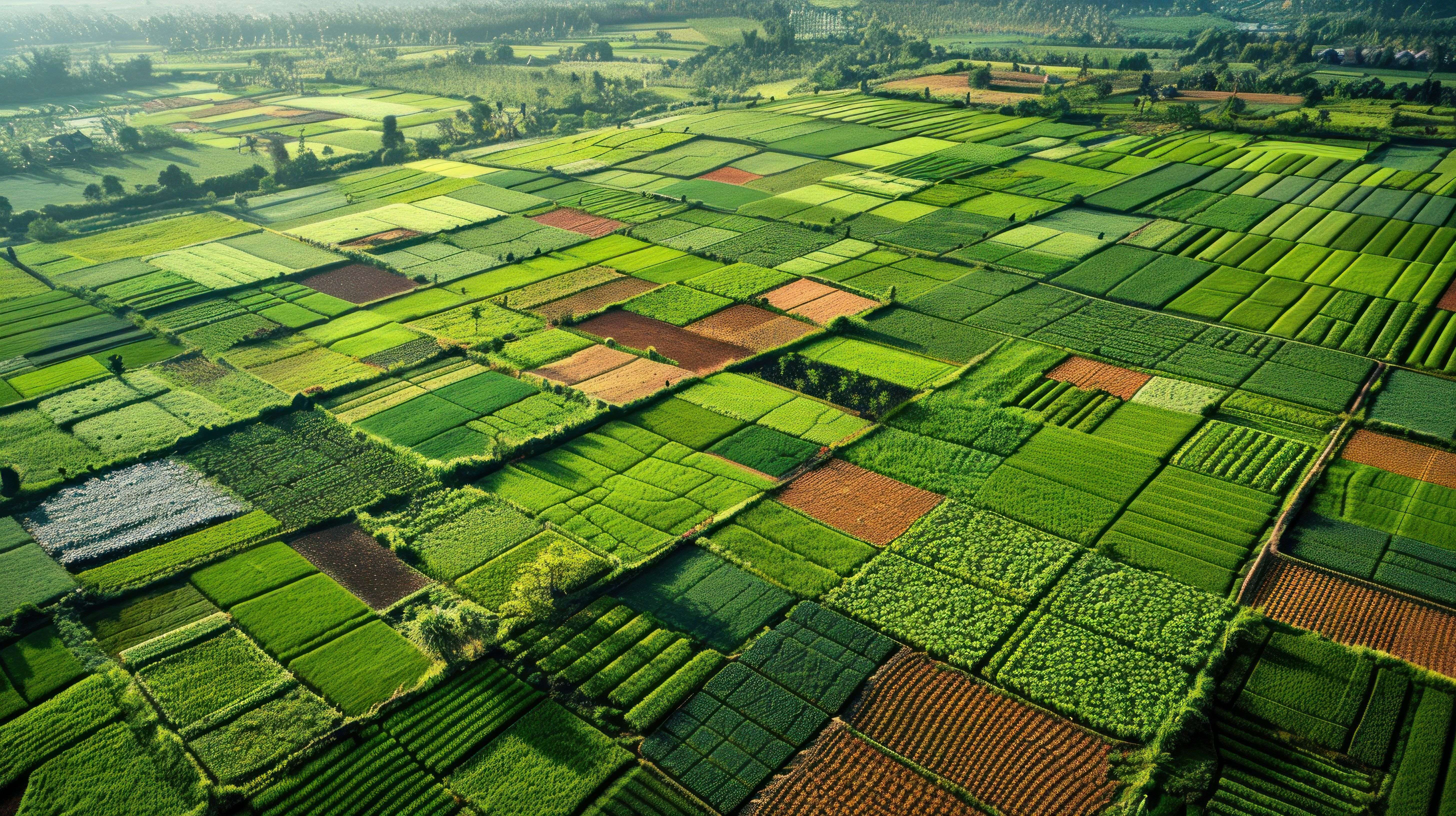 High-angle view of intricately patterned cultivation areas, highlighting the artistry in agricultural land use. The fields are divided into distinct sections with varying crop types, forming a mosaic. Generated by AI. | Image Credit: © Thanyaporn - stock.adobe.com. 