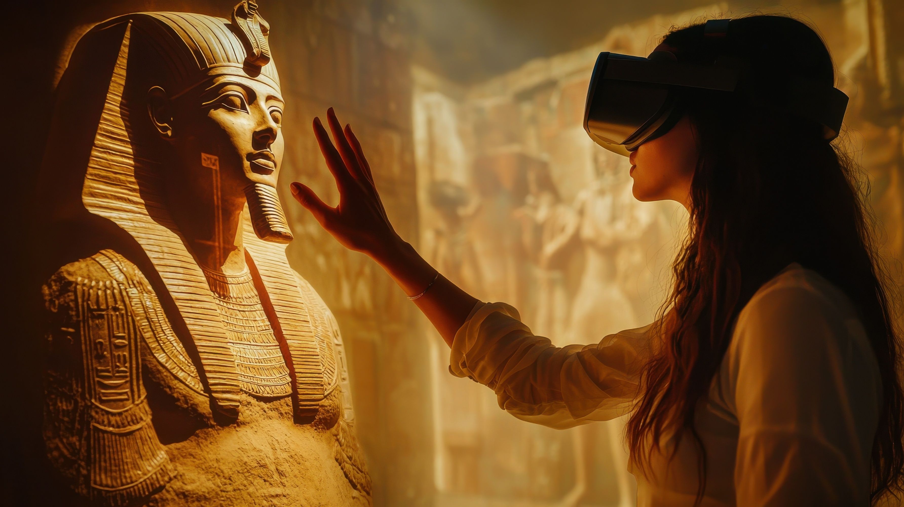 Woman Exploring Ancient Egypt with Virtual Reality. Generated with AI. | Image Credit: © Mangata Imagine - stock.adobe.com