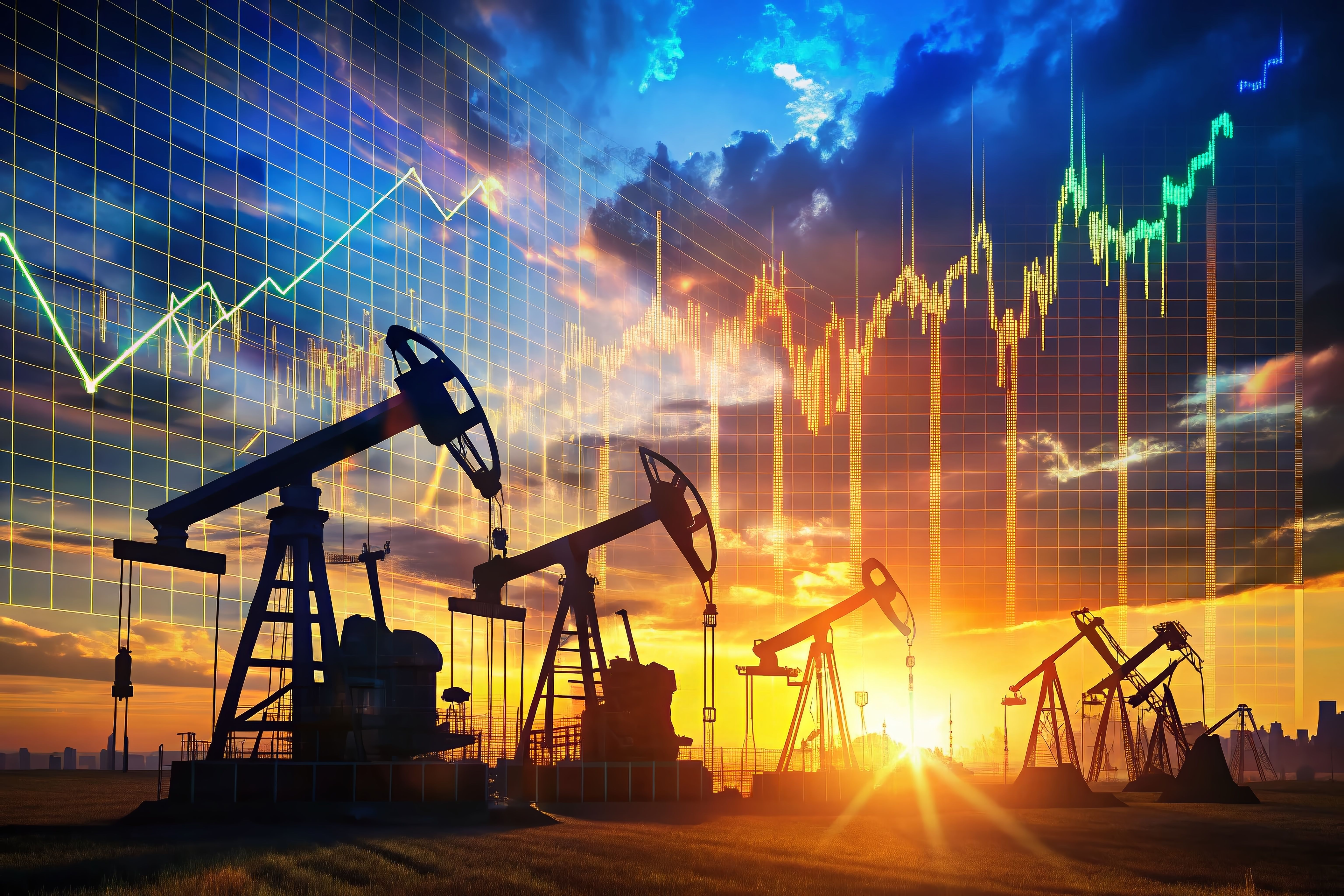 Oil Industry Sunset: Financial Data Overlay on Pumpjack Silhouette. Generated with AI. | Image Credit: © Sirinporn - stock.adobe.com