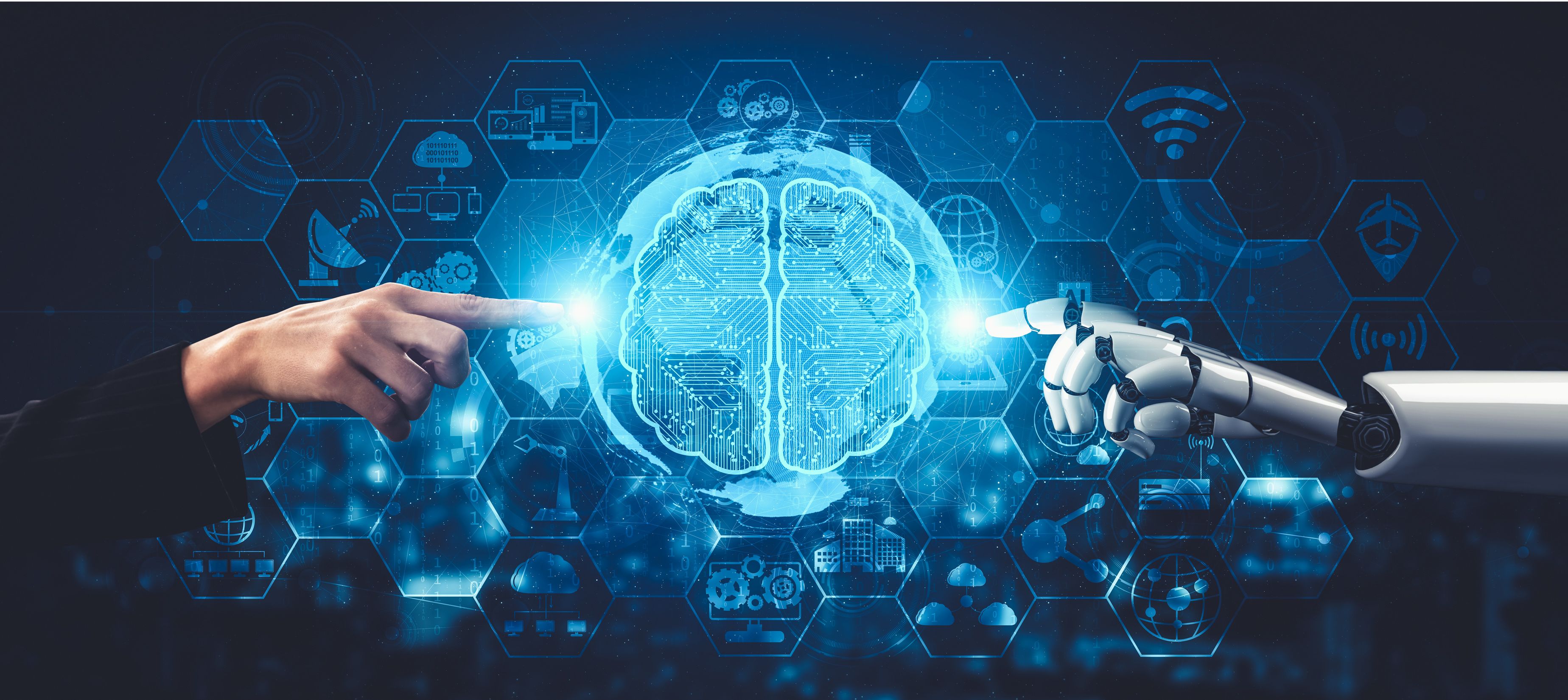 3D rendering artificial intelligence AI research of droid robot and cyborg development for future of people living. Digital data mining and machine learning technology design for computer brain. | Image Credit: © Summit Art Creations - stock.adobe.com