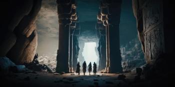 Close up movie still of a group of explorers finding ancient abandoned temple inside a huge cavern. Generative AI AIG16. | Image Credit: © Blue Planet Studio - stock.adobe.com