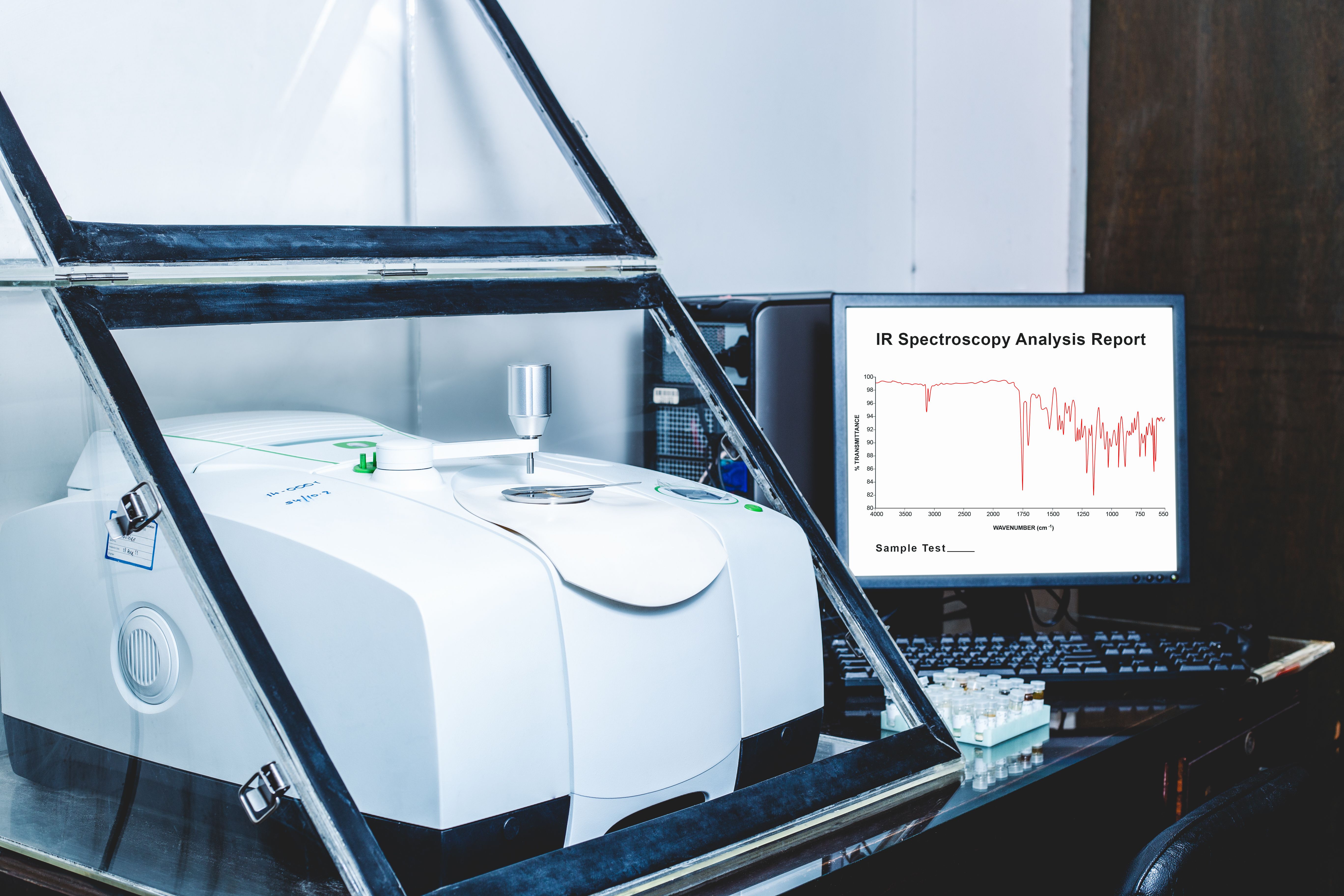 Fourier transform infrared (FT-IR) spectroscopy instrument with the IR spectrum of sample was analyzed as shown on the monitor. FT-IR was used to identify the chemical identity of drug or sample analyzed. | Image Credit: © S. Singha - stock.adobe.com