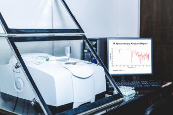 Fourier transform infrared (FT-IR) spectroscopy instrument with the IR spectrum of sample was analyzed as shown on the monitor. FT-IR was used to identify the chemical identity of drug or sample analyzed. | Image Credit: © S. Singha - stock.adobe.com
