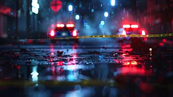 A close-up view of a wet street with a yellow crime scene tape and red and blue lights reflecting in a puddle. Generated by AI. | Image Credit: © kinara art design - stock.adobe.com