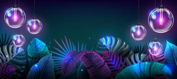 Summer background with electric modern lamps and fluorescent tropic leaves. Nature concept. Vector illustration | Image Credit: © annbozhko - stock.adobe.com