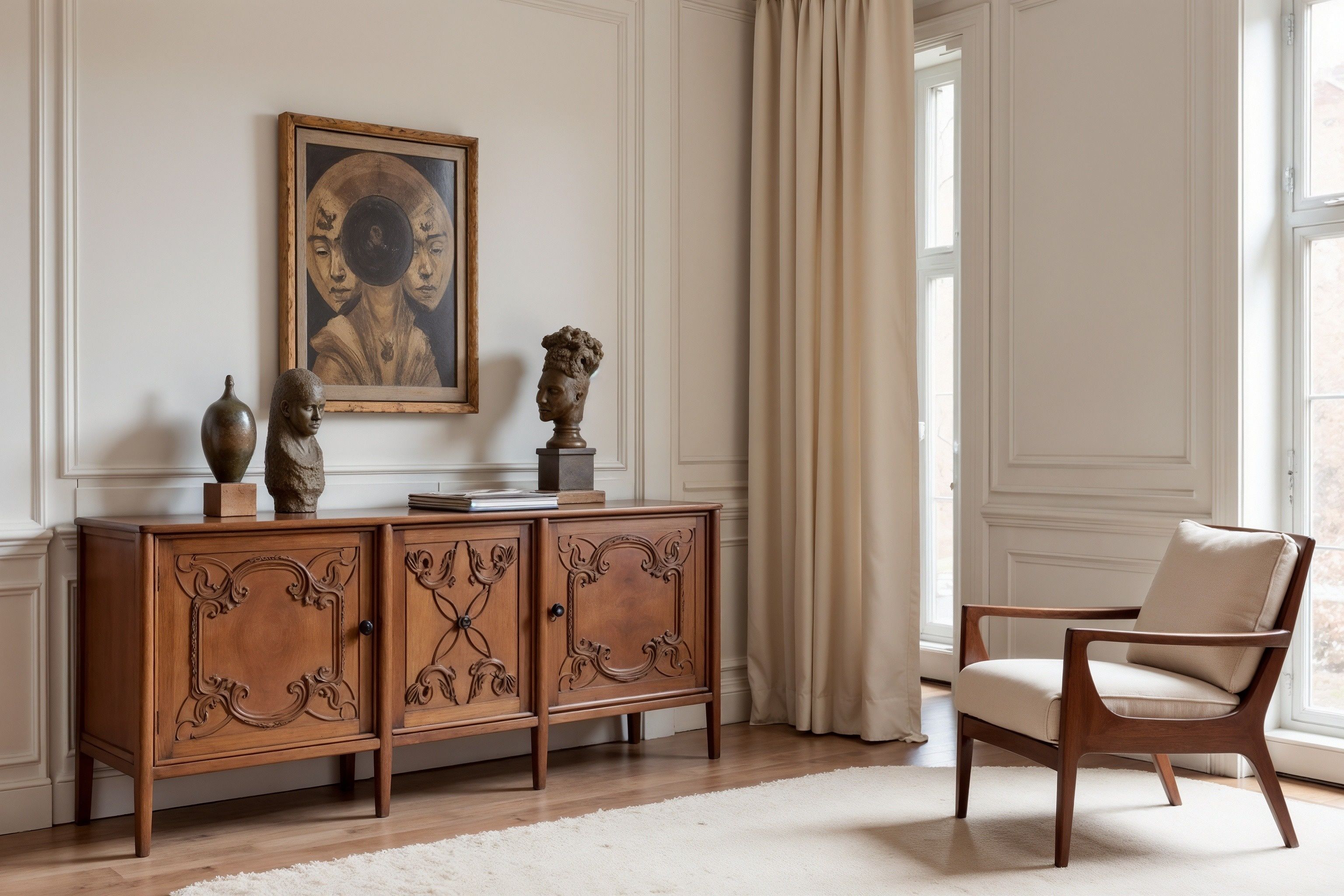 Living Room Interior with Artistic Decor. Generated with AI. | Image Credit: © Helen Marlen - stock.adobe.com