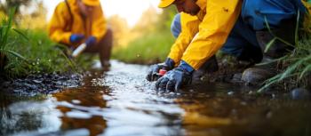 Hydrologists Conducting Field Research on Water Source with Scientific Instruments and Natural Setting in Background, Perfect for Environmental Reports and Educational Materials. Generated with AI. | Image Credit: © hisilly - stock.adobe.com