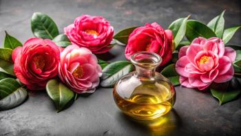 Close up of camellia flowers and oil on grey background with fisheye lens effect. Generated with AI | Image Credit: © Sayfar - stock.adobe.com