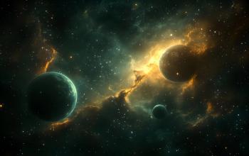 A breathtaking cosmic scene reveals two vibrant exoplanets led within a swirling nebula of gold and emerald hues amidst a star-dusted expanse. Generated with AI. | Image Credit: © Thatsanee Techakaew - stock.adobe.com