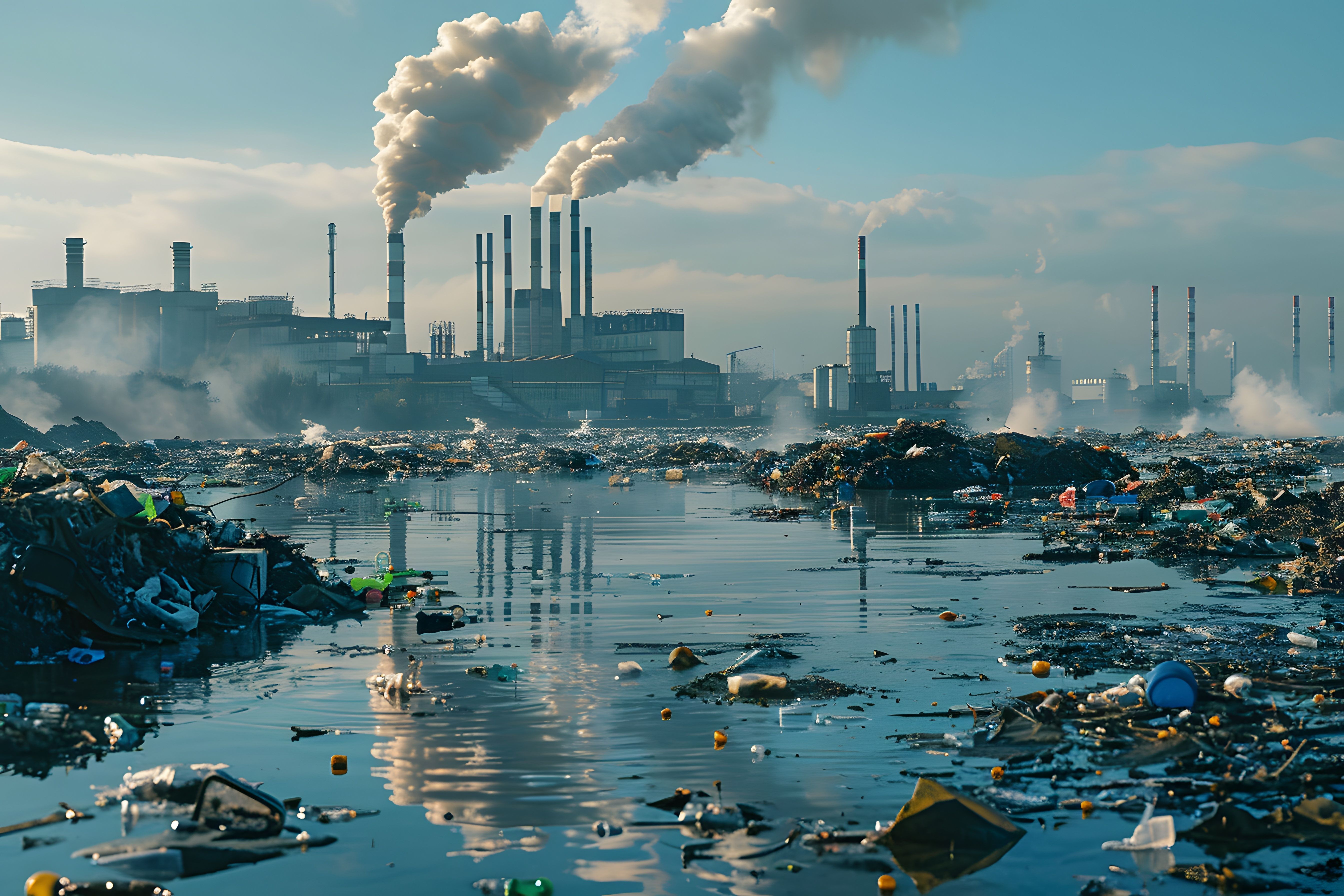 Severe industrial pollution with a littered waterfront and smokestacks in the background, emphasizing environmental issues. Generated by AI. | Image Credit: © Rax Qui - stock.adobe.com