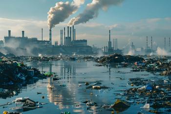 Severe industrial pollution with a littered waterfront and smokestacks in the background, emphasizing environmental issues. Generated by AI. | Image Credit: © Rax Qui - stock.adobe.com