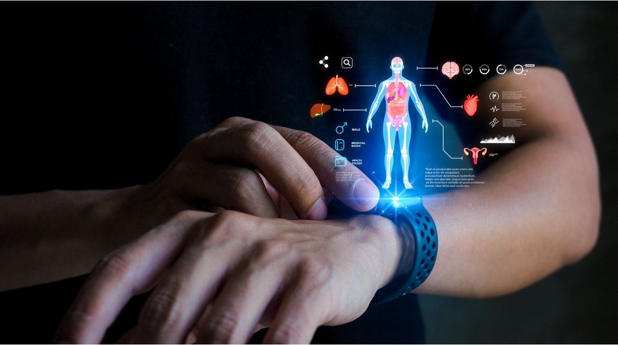 Futuristic health tech. A smartwatch projects a holographic health dashboard. Holographic icon user interface. © woravut -chronicles-stock.adobe.com