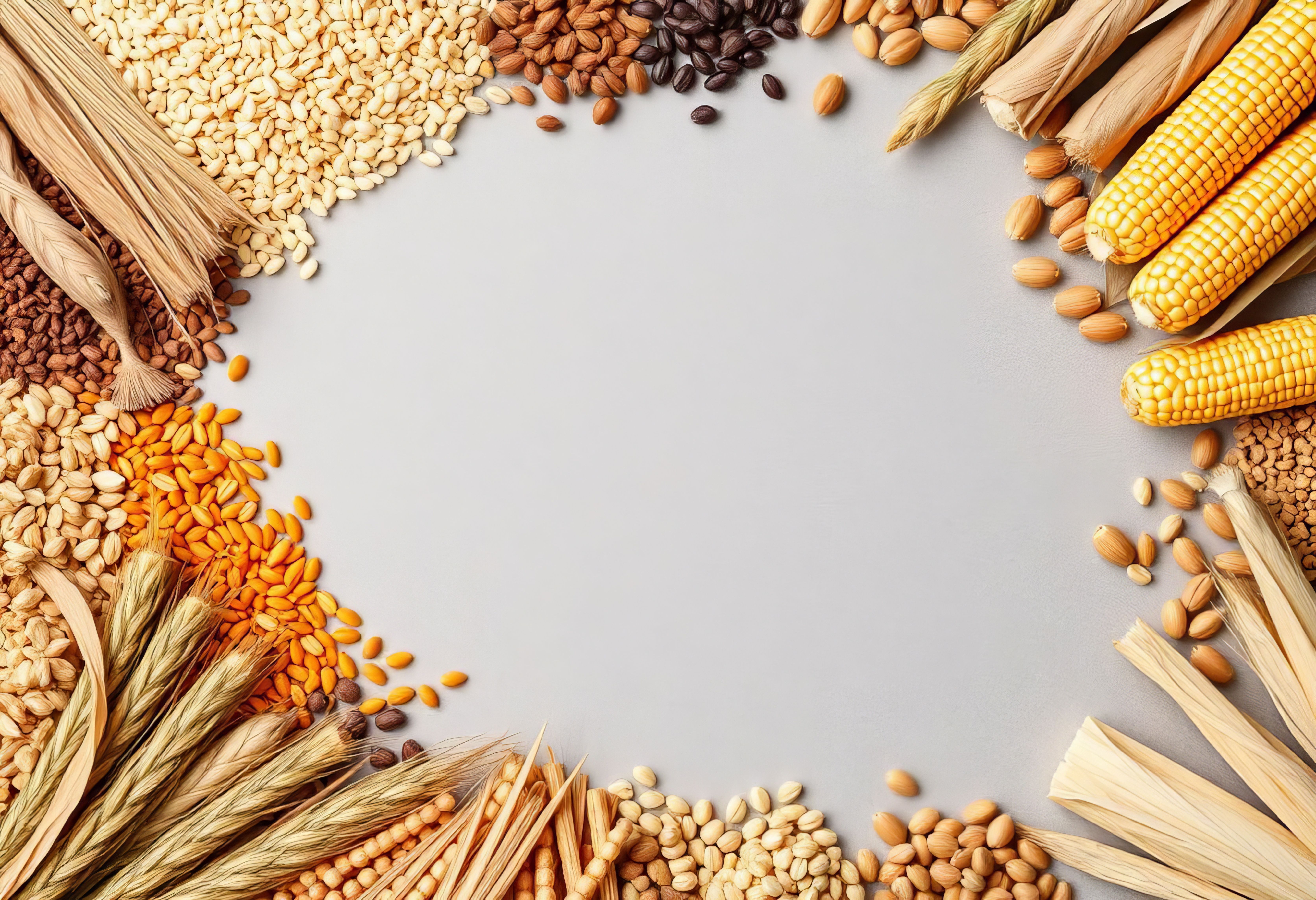 A rustic frame of diverse grains, cereals, and ears of corn on a neutral gray background. Generated by AI. | Image Credit: © chanwut - stock.adobe.com