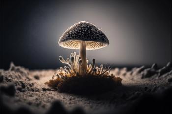 close up of a psilocybin mushroom on a piece of dirt, magic mushroom | Image Credit: © Nastazia - stock.adobe.com