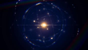 dynamic energetic blue indigo gold atom model concept illustration of glowing proton neutron nucleus, visualization of atom space physics, centric gravity, electrons orbiting as ordered real particles | Image Credit: © remotevfx - stock.adobe.com