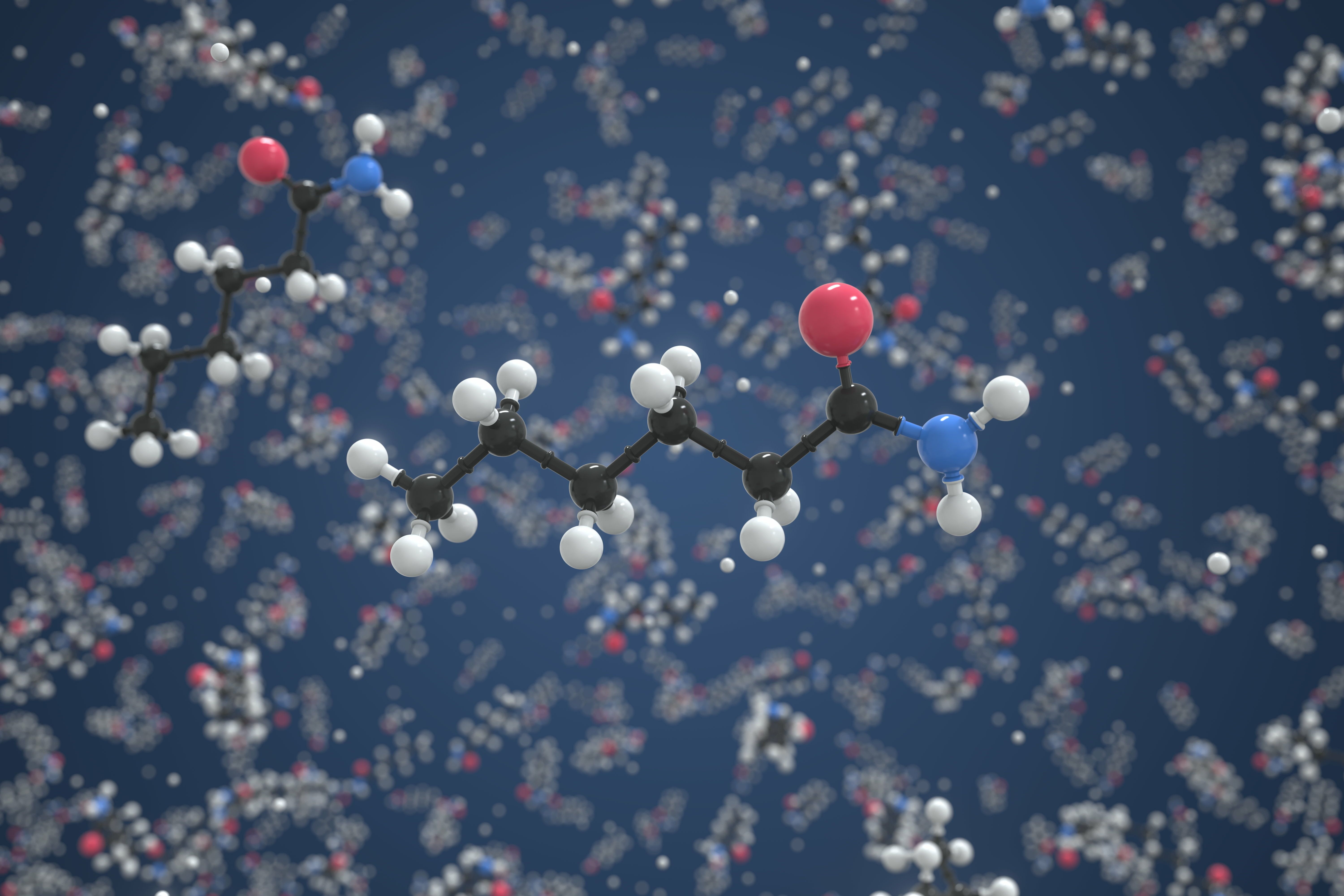 Polyamide 6 molecule, scientific molecular model, 3d rendering