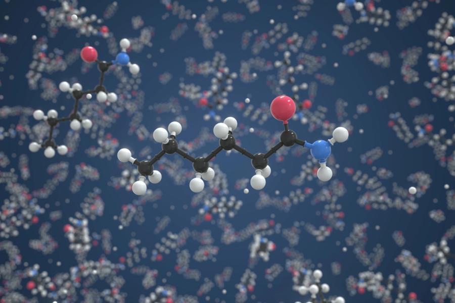 Polyamide 6 molecule, scientific molecular model, 3d rendering. Photo credit: Alexey Novikov, Adobe Stock