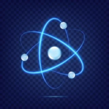 Atom icon isolated on transparent background. Fusion orbit spin. Neon light atomic neutron. Atom blue color. Nuclear atom. 3d cell nucleus. Molecule fusion. Proton core symbol. Ion element. Vector | Image Credit: © Omeris - stock.adobe.com