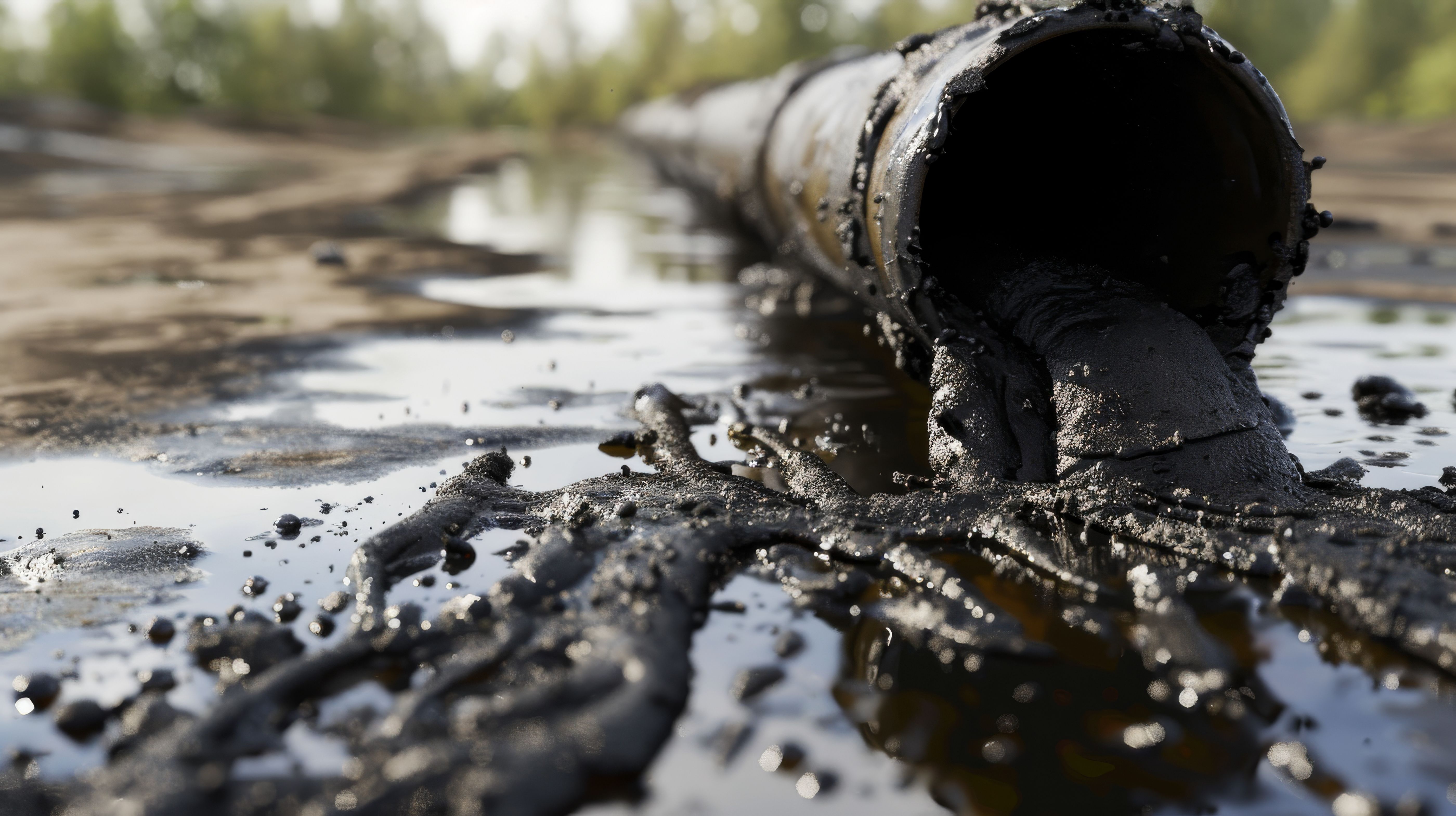 Close-up of an old, rusty pipeline spilled oil over the ground, reflecting light and creating a messy, environmentally concerning scene. | Image Credit: © VK Studio - stock.adobe.com