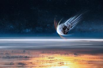 Asteroid in outer space near Earth planet. Meteorite on orbit of Earth. Elements of this image furnished by NASA. | Image Credit: © Paopano - stock.adobe.com