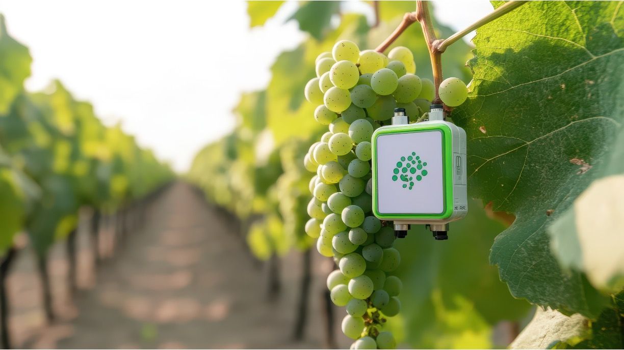 Innovative Smart Sensor Monitoring Grapes in Vineyard in Modern IoT Farming Practices © Asraf-chronicles-stock.adobe.com